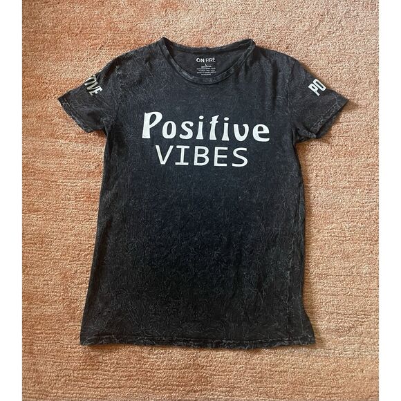 ON FIRE Positive Vibes Black Distressed Tee Size L 100% Cotton Unisex - Picture 1 of 5